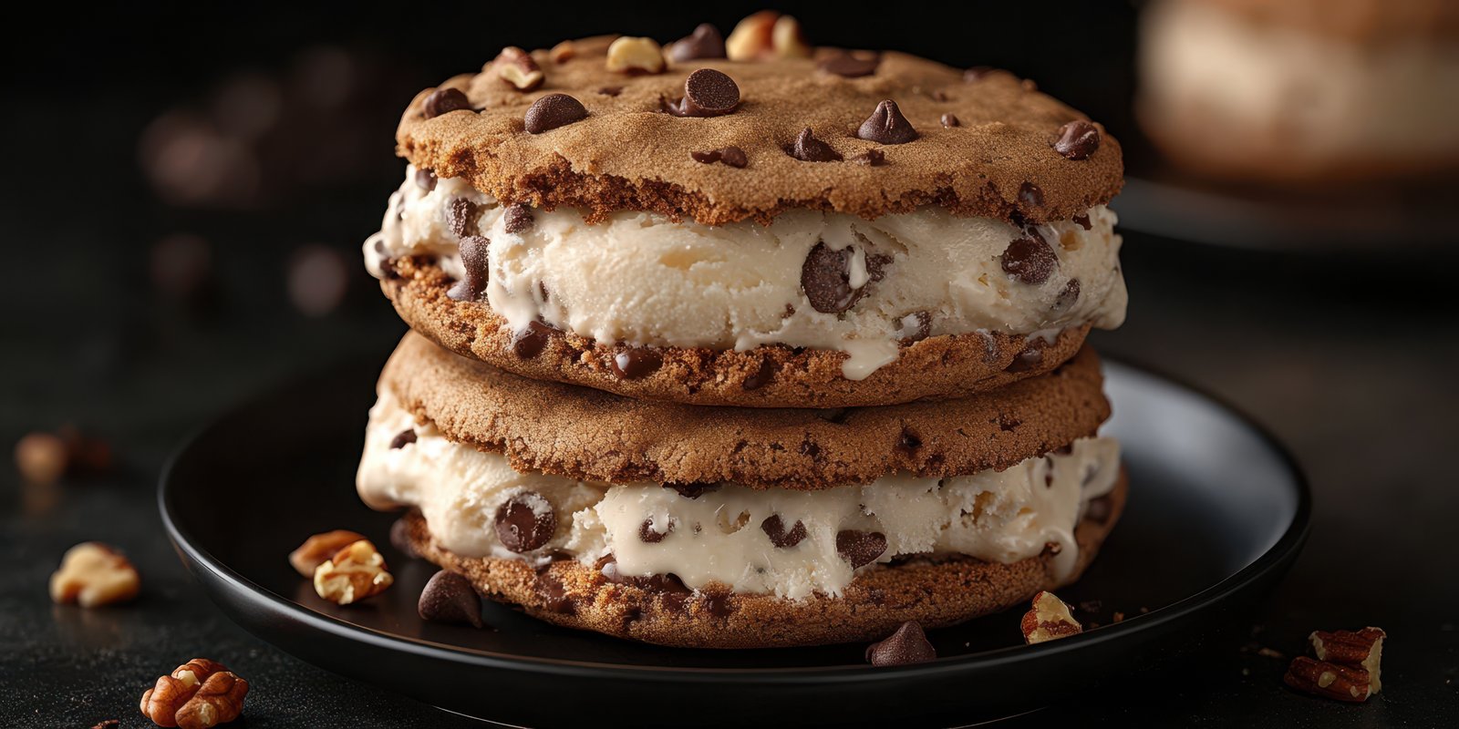 Delicious cookie sandwich with chocolate chips and ice cream on a dark plate